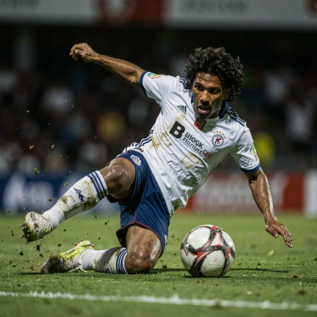 116X Bet – Place adrenaline filled football bets with confidence Dynamic slow motion action of a football player diving for the ball in a high stakes match, illustrating adrenaline filled sports betting on 116X in Indonesia