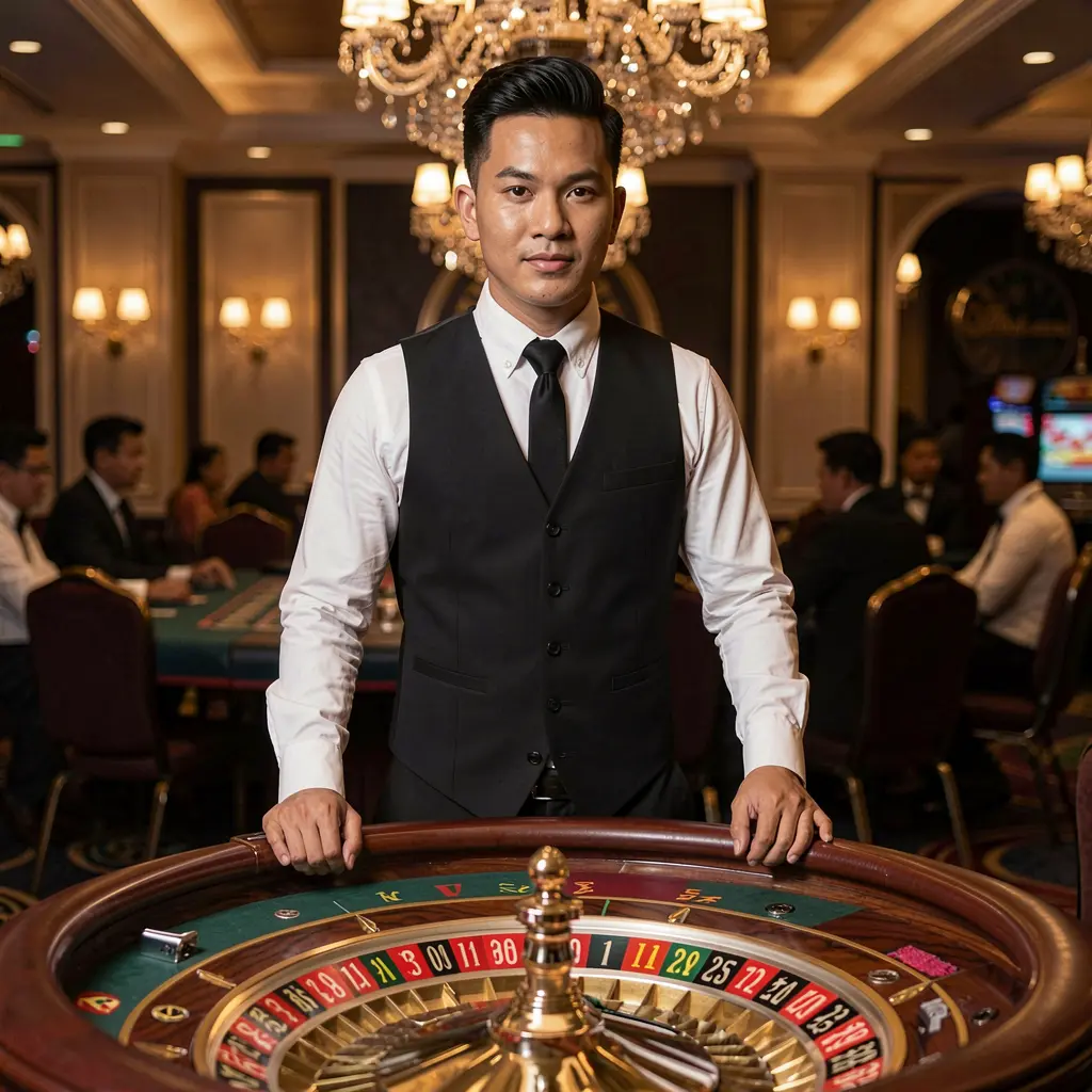 116X – Enjoy professional live dealer casino games made for Indonesia Confident live casino dealer in a luxury gaming hall with chandeliers and a roulette table representing the high quality live casino experience at 116X for Indonesia