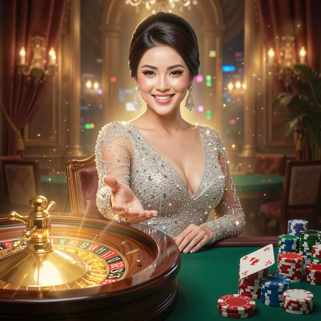 116X Login – Step into a dynamic online casino experience for Indonesian players Confident Indonesian casino hostess reaching out to invite players inside a vibrant roulette environment on 116X login page