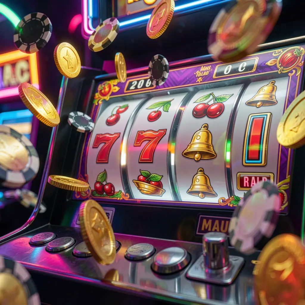 116X – Experience thrilling slot wins and jackpot moments in Indonesia Bright and colorful slot machine reels showing triple sevens and scattered gold coins creating a jackpot atmosphere at 116X online casino in Indonesia